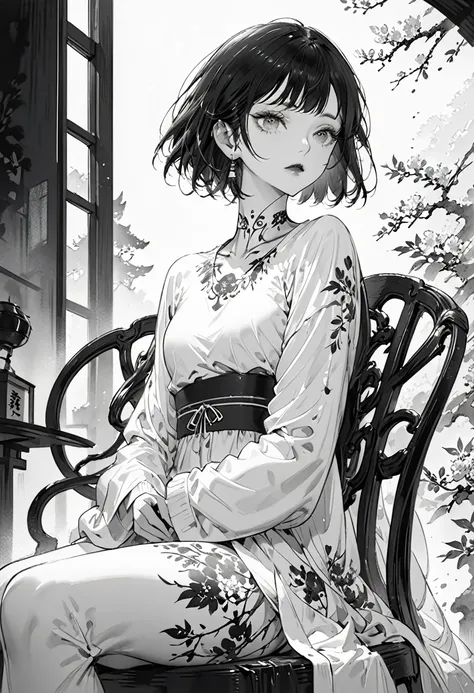 Black ink on white paper、Ink painting style、monochrome、(Highest quality,Very detailed,High resolution:1.2),beautiful girl，Black very short hair,Black hair bangs，very_Long eyelashes, Detailed lips, Cool look, Soft Skin, Shiny Hair,Exquisite makeup,Sitting i...