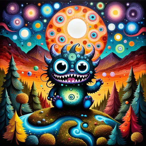 Intricate Cute Kawaii Monster with big teeth, big eyes, holding a bubble, in forest, mountain, swirly sky, cosmic sky, hypnotic, painting, metaphysical, quilled, mosaic, psychedelic art, super-detailed geometric patterns, symmetrical design, hypnotic effec...