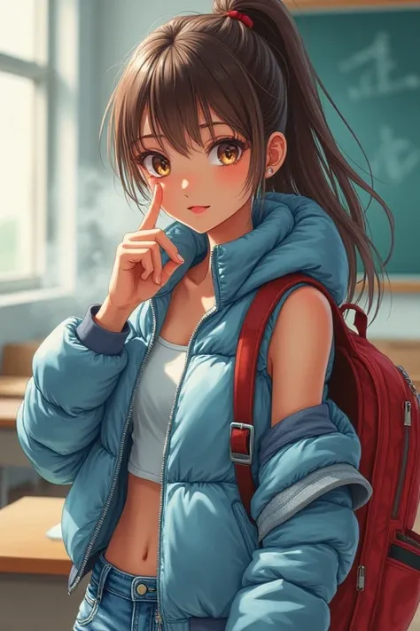 ((best quality)), ((masterpiece)), (detailed), ,{{{{172cm}}}},{{{{{tall girl}}}}},{{sleeveless down jacket, extra {{shiny}} enamel light blue down jacket, crop {{puffy down jacket}}, zip up}}, official style,close mouth,game cg, bare arms, long hair,brown ...