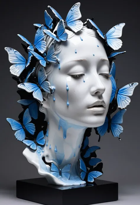 There is a white porcelain sculpture of a womans head with a neck on a black cubic stand. Pale blue tears flow down the cheeks and chin from the eyes of the porcelain sculpture, tears hang in drops on the chin and turn into bright blue butterflies. Bright ...