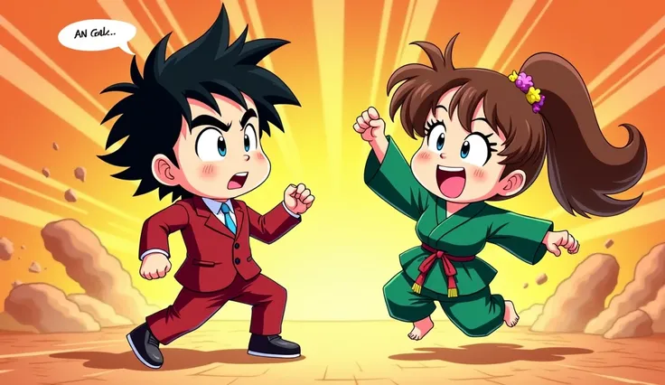 A vibrant and dynamic anime scene featuring a chibi-style young man and women . Man is shown with a grumpy expression, wearing a red suit, stylish hair,while women joyfully jumps with a fist in the air, dressed in his iconic green gi. Big boobs,brown hair,...