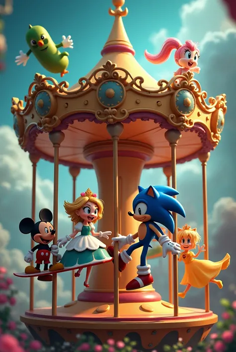 Magic Carousel, Although, instead of horses there will be, respectively, these characters: A surfer, a cucumber, O Sonic, A princess, A talking Mickey Mouse and a talking Doritos