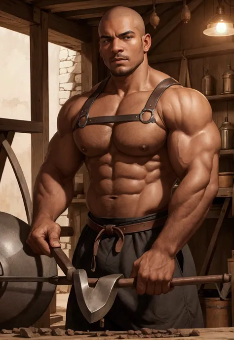 A large, muscular blacksmith、Shaved head、Brown skin、blacksmith、Perfect Body、Highest quality、High resolution、