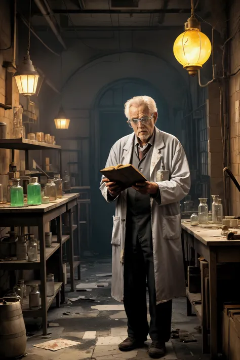 A chemical laboratory with ancient flasks, multi-colored liquids, smoke and spilled paint on the old broken tile floor. A gray-haired crazy old man with glasses and disheveled hair. In his hands he holds a stack of manuscripts with chemical formulas. The e...