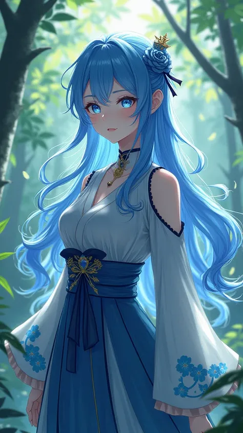 A beautiful girl with long flowing blue hair, striking blue eyes, delicate facial features, wearing a traditional Japanese outfit, Kaedehara Kazuhas signature outfit, standing in a lush, vibrant forest landscape, sunlight filtering through the trees, ether...