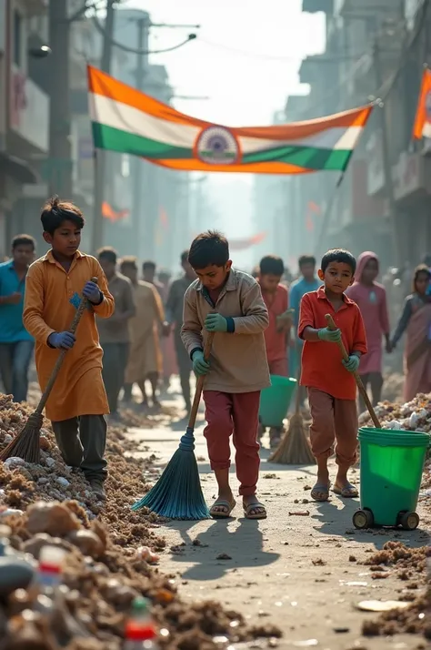  photo of a cleanliness drive in India. People, including children, are sweeping the streets with brooms. The streets are lined with garbage that has been collected. The background contains buildings. There is a banner that says "Clean India". Shoked per 4...