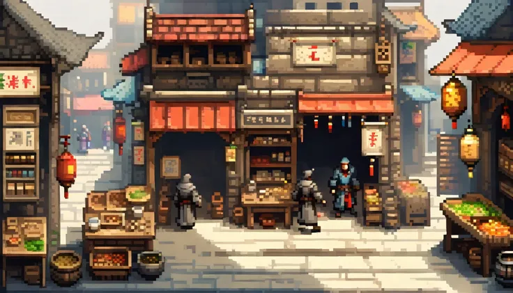 Pixel艺术, Pixel艺术场景：A bustling medieval market, Lively stalls, Vivid characters, Realistic textures, 关注每个Pixel的细节, Reminiscent of 16-bit RPG games, Shot with Nikon D3, Focal length 35mm HD 2D Pixel艺术 :: Pixel风格 :: Pixel