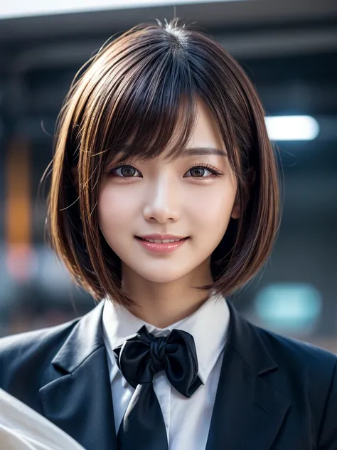 Tabletop, Highest quality, Realistic, Very detailed, finely, High resolution, 8k wallpaper, Cinema Lighting、1 person、Beautiful Japanese Women、30 years old、light brown straight bob hair, Wear a business suit, (Blurred Background、Station platform、noon、Light ...