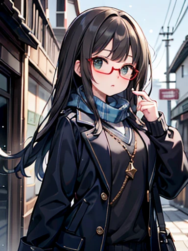 Rin Shibuya、1 person, Mature Woman, Green Eyes、Long black hair、A woman posing in a long coat in a Japanese town in mid-winter、She has a navy blue scarf around her neck、Woman wearing glasses、thin frame glasses、Round Lens Glasses、Thin gold eyeglass frames、We...