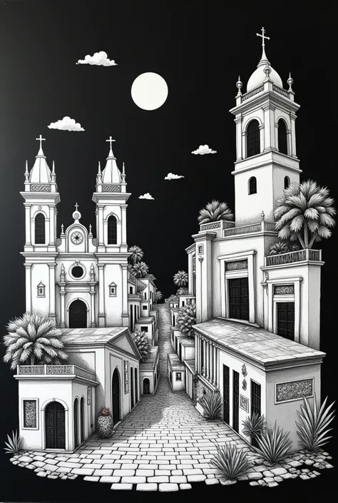 create an oversized drawing with things that refer to the city of OLINDA-PE, all in white with a black background and the words I HAVE ARRIVED IN THE FOUR CORNERS