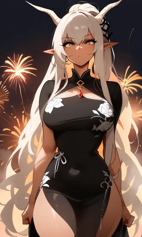 1girl, shining (arknights), arknights  masterpiece, best quality, newest ///// nyantcha, khyle,  horns grey eyes,, skindentation ,serious, straight-on,, ,pointy ears,solo, ,squishy breasts, :/,  white china dress, nightm outdoors, fireworks, , cropped legs...