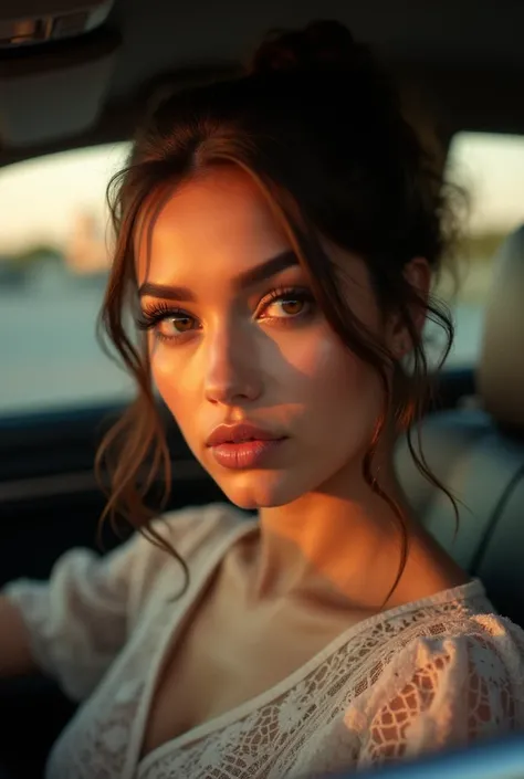 a beautiful mexican woman, plump, well proportioned, round face, detailed face, beautiful eyes, long eyelashes, detailed lips, elegant hairstyle, sitting in a car, detailed car interior, golden hour lighting, cinematic composition, warm color tones, photor...