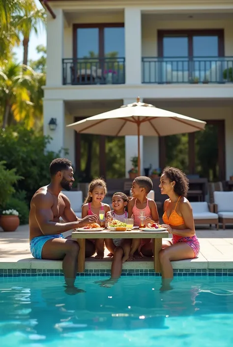 generate a photo of a black man with his beautiful half cast family of wife and brown four kids two girls and two boys wearing bikinis seated next to a swimming pool at the backyard of their huge two storey building enjoying a meal