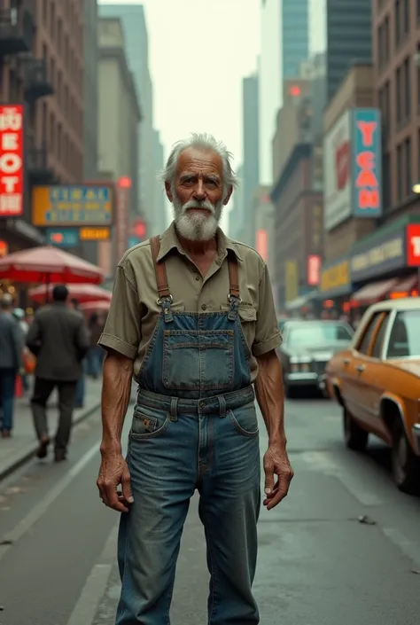 old man wearing worker clothes blue jeans with white beard in downtown newyork city from 1970