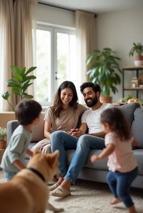 generate image of a young happy couple in their early 30s who have just moved into their new home. Couple is sitting on couch in their living room and their 2 kids, a 6 year girl and 3 year boy kid playing with dog near couch. Couple is Indian couple , liv...