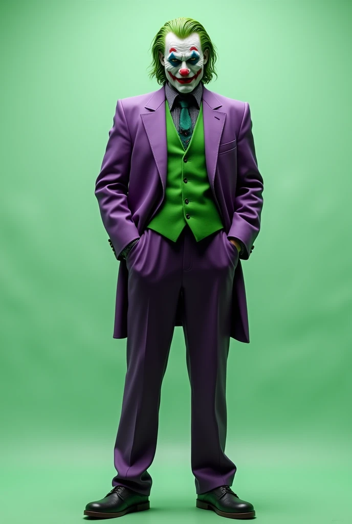 create a realistic image of the dc joker, de corpo inteiro, put a light green background