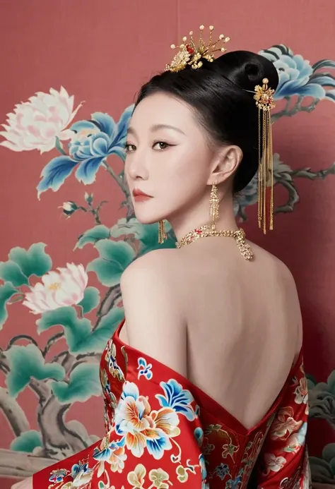 the empress of the qing dynasty is wearing a red floral patterned dress, completely naked, with her profile showing and her butt...