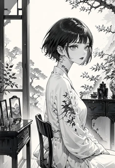 Black ink on white paper、Ink painting style、monochrome、(Highest quality,Very detailed,High resolution:1.2),beautiful girl，Black very short hair,Black hair bangs，very_Long eyelashes, Detailed lips, Cool look, Soft Skin, Shiny Hair,Exquisite makeup,sitting o...