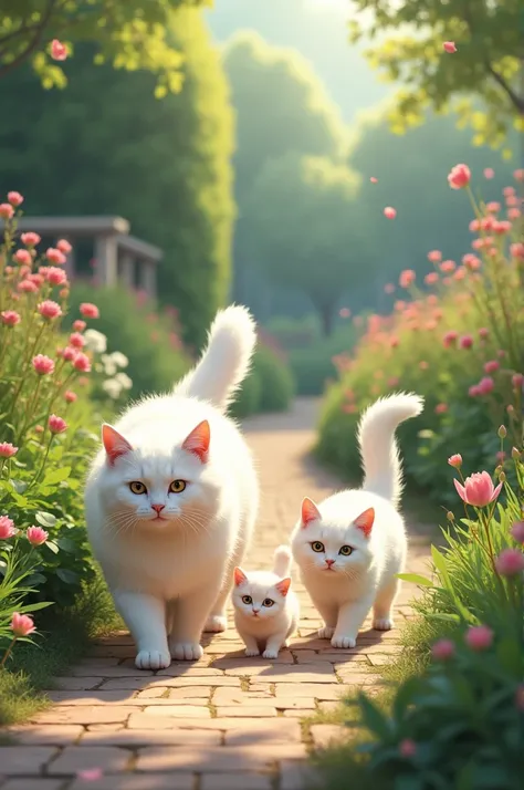 The big white cat and his wife and small kitten walking in the garden