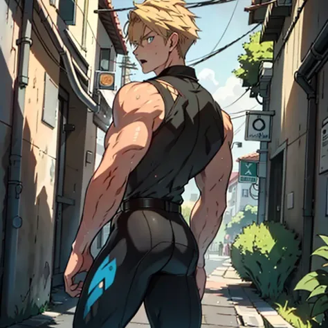 Highest quality,masterpiece　Surprised expression,Raised to be sexy, 　Blonde　Blue eyes　Ripped black tights　Electricity is running　get wet　large delicate eyes　The black sleeveless collared shirt was torn　上半身naked　sweating　youth　torture　Skin is visible in pla...