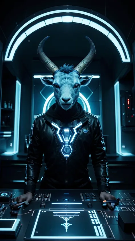 "Create a highly detailed 3D illustration of a blue goats head designed as an NFT, with a futuristic and high-tech theme. The goat head should be blue in color and represent a powerful, authoritative figure, like a CEO. The design should incorporate elemen...