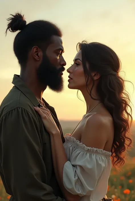 Dark-skinned, bearded man in love with a beautiful girl looking into the distance 