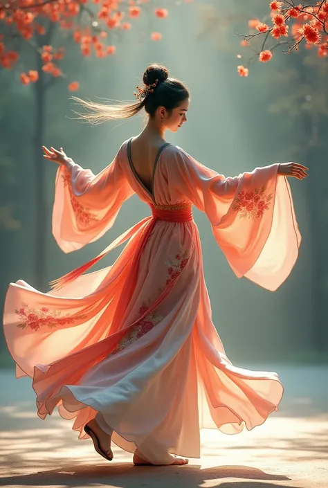 Hanfu dancing from back view,dont show the face and please cover the behind body .If possible make it looks like dancing raising up the leg too