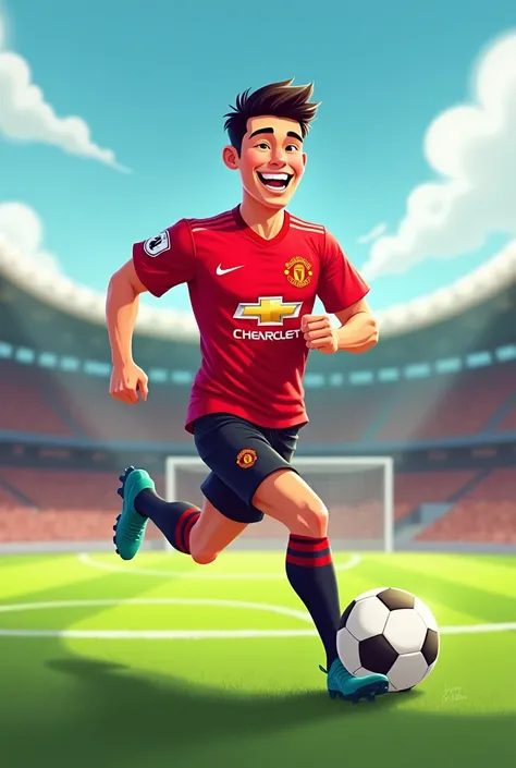 A thin guy is a footballer player. He plays football on the field with smily face. He wears a shirt with Manchester United logo and his name print on the shirt: Yi Xian. Cartoon drawing