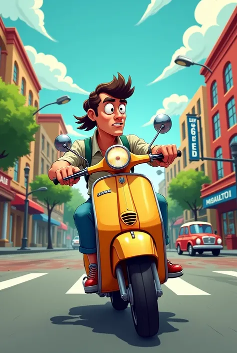 mullet-haired man riding on a moped while stretching his right hand forward on a cartoon street