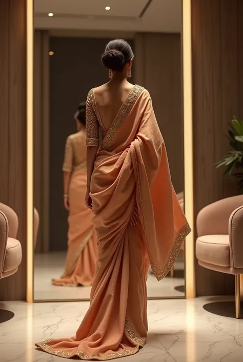 A modern woman in a luxurious salon, draped in a stunning saree with intricate traditional and modern designs, stands before a large mirror, the serene atmosphere reflecting her sophistication. 
