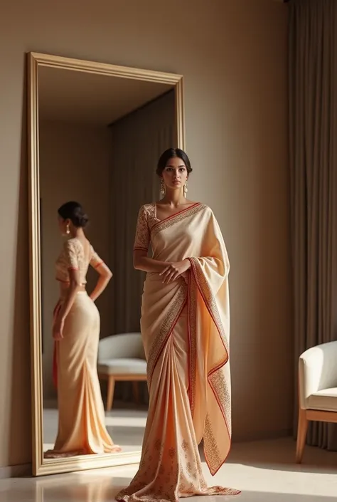 A modern woman in a luxurious salon, draped in a stunning saree with intricate traditional and modern designs, stands before a large mirror, the serene atmosphere reflecting her sophistication. 
