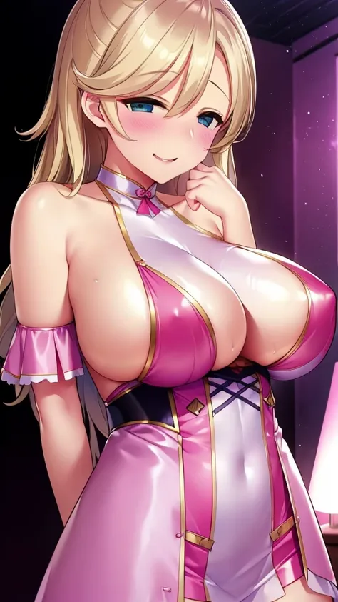 erotic、Kantai Collection　Atago、Blonde、tall、 mature, Married women, A shiny pastel pink body-conscious dress、Off the shoulder、邪evilな女戦闘員, Pink and black background, Pitch-dark bedroom, Dark Theme, evil, lure, excited, A condescending grin, Lightly open your...