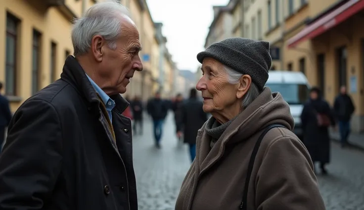 A man talking to a old polish lady on ladys gate 