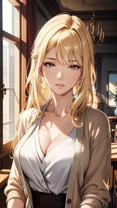 (best quality,4k,highres,masterpiece:1.2),ultra-detailed,cool mature woman,pale skin,elegant,long hair,bang,[[[brown hair]]],blonde hair,cardigan,t-shirt,cleave,brown eyes,inside house,detailed facial features,vibrant colors,portraits,HDR,soft lighting