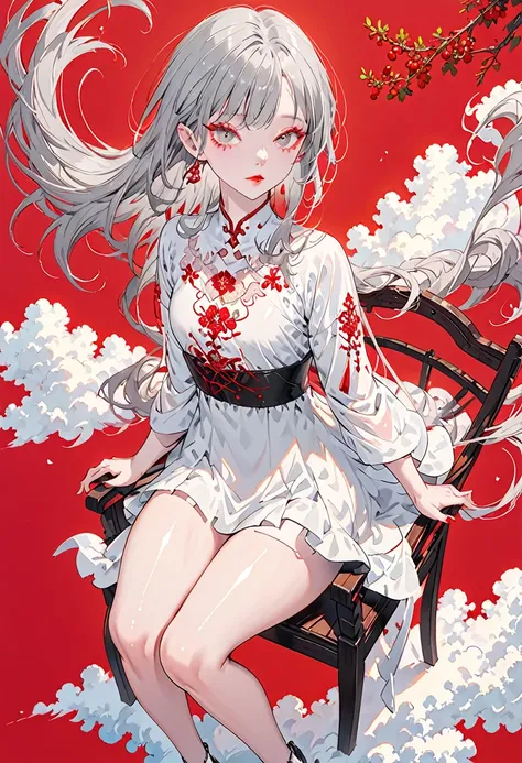 Crimson Background、(Highest quality,Very detailed,High resolution:1.2),Slim albino girl，Gray-haired berry shorthair,gray bangs，very_Long eyelashes, Detailed lips, Cool look, Soft Skin, Shiny Hair,Exquisite makeup,Sitting on a chair on a cloud，Neck tattoo，S...