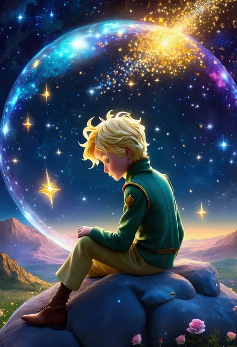 Half portrait, Best quality, Masterpiece, ultra high resolution, (foto realista: 2. 5), surrealism, dream, ((Image of the Little Prince)), blonde hair, light blue eyes, Starry sky, 1lis sitting next to him, night time, Stars, galaxy, sparkling magic fantas...