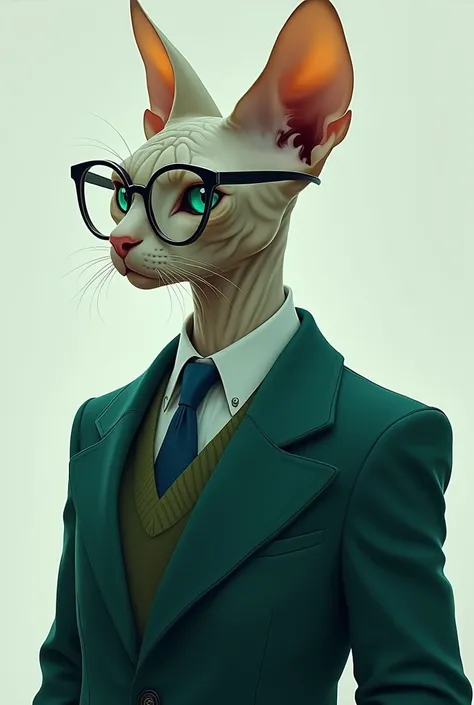 Sphinx cat wearing  sweater  suit.
Its have green and blue eye.
Wearing glasses.