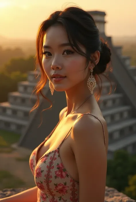 a beautiful Asian woman, small and plump, well proportioned, round face, detailed face, beautiful eyes, long eyelashes, detailed lips, elegant hairstyle, sitting on top of Mayan temple, detailed temple, golden hour lighting, cinematic composition, warm col...