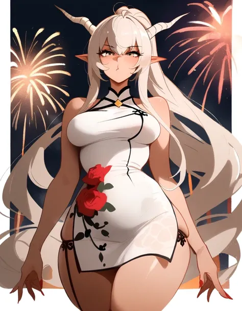 1girl, shining (arknights), arknights  masterpiece, best quality, newest ///// nyantcha, khyle,  horns , outside border, ,, grey eyes,, skindentation ,serious, straight-on,, ,pointy ears,solo, ,squishy breasts, :/,  white china dress, nightm outdoors, fire...