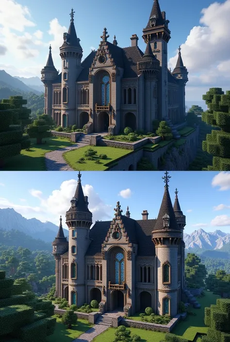 a medium sized minecraft villa, with views from the front and the side in gothic style which can also be recreated in the game minecraft

