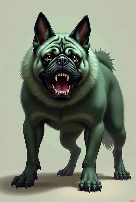 A pug mixed with a German shepherd, strong and brave showing his teeth with greenish fur