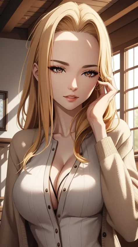 (best quality,4k,highres,masterpiece:1.2),ultra-detailed,cool mature woman,pale skin,elegant,long hair,bang,[[[brown hair]]],blonde hair,cardigan,t-shirt,cleave,brown eyes,inside house,detailed facial features,vibrant colors,portraits,HDR,soft lighting