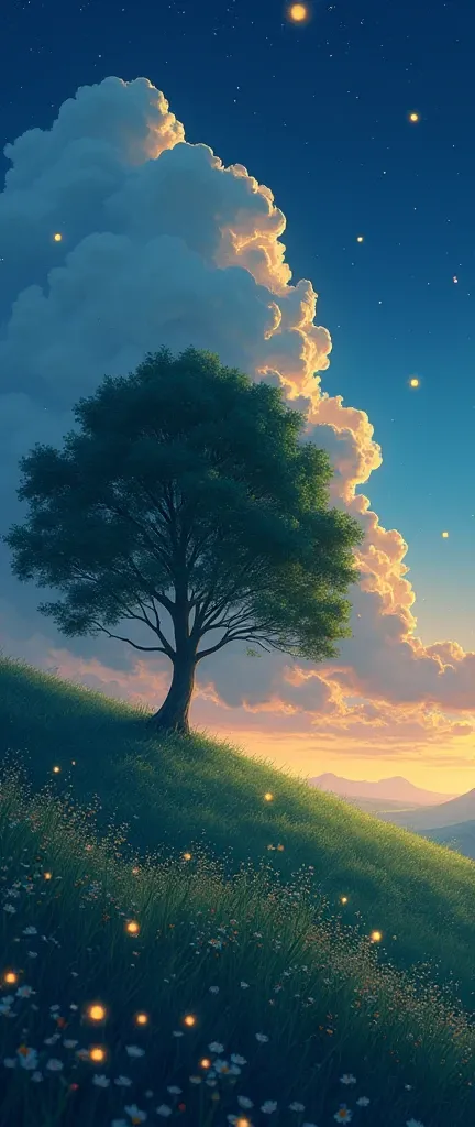 masterpiece!!!! 8k GHIBLI ANIME STYLE!!!!! The image shows a serene night scene of a Flower Field on the Hill, big tree,  majestic clouds billowing blue golden lighting anime 8k l fireflies grass night golden leaves stylo anime ghibli, under tree, boil a n...