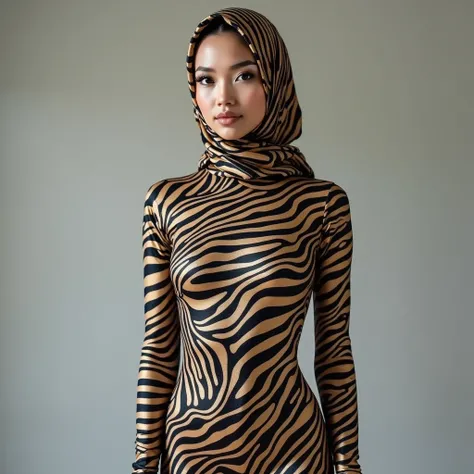 a beautiful and thin malaysian muslim adult girl with a shiny and beautiful face wears mix zebra print lycra turtleneck unitard catsuit covered with stripes and spots and always wear mix zebra print lycra dancewear hijab covered with stripes.