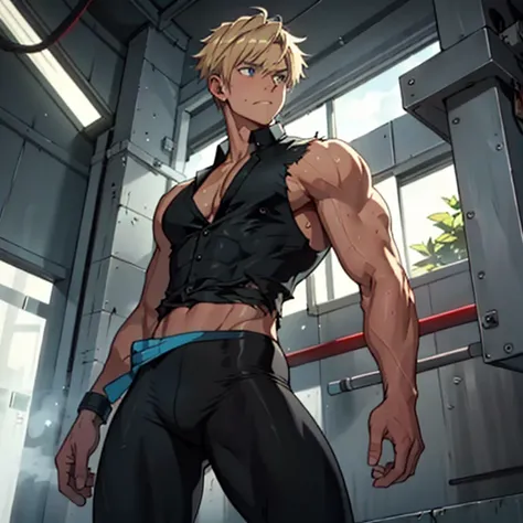 Highest quality,masterpiece　Surprised expression,Raised to be sexy, 　Blonde　Blue eyes　Ripped black tights　Electricity is running　get wet　large delicate eyes　The black sleeveless collared shirt was torn　上半身naked　sweating　youth　torture　Skin is visible in pla...