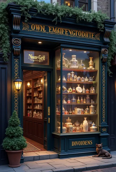 historical setting magic store inside, front view, harry potter, DIAGON ALLEY, showcase, textured, maximum detail, peltate plate, no people, Highest quality, masterpiece, magic potion, Mythological creatures