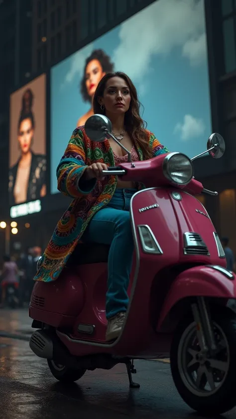 Realistic woman crazy fashionista with brown hair and crazy blue - green - orange - red outfit on a pink scooter standing in front of the billboard of the most popular fashionista in the city which she dreamed of becoming since ever