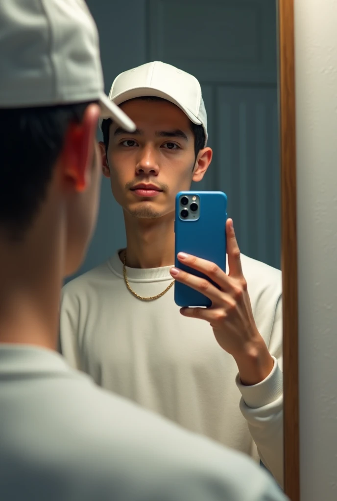 best qualityer:1.4), (ultra high resolution:1.2), (photorrealistic:1.4), (8k, CRU photo:1.2), a thin young man of 20 years old, brunette skin, with a smooth, beardless face, is wearing a white cap, Hes wearing a white sweatshirt. He&#39;s taking a picture ...