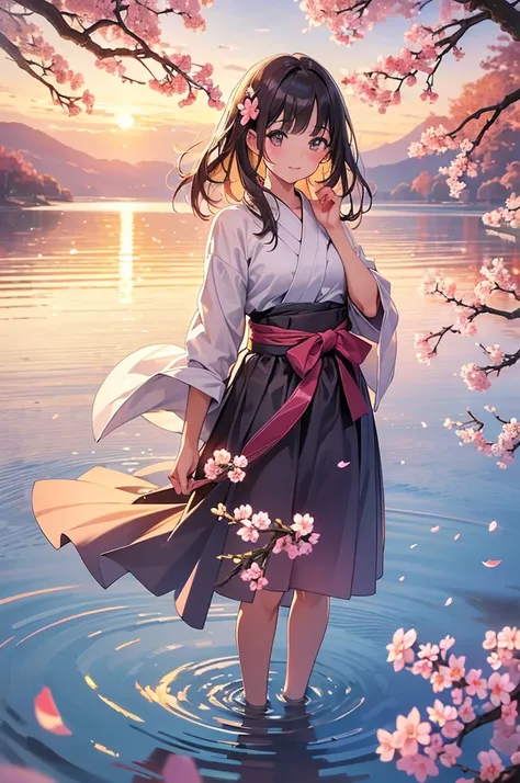 (best quality,4k,8k,highres,masterpiece:1.2),ultra-detailed,realistic:1.37,girl standing by the lake, sakura blossoms, sunset,illustration,realistic colors,soft lighting,sakura petals,floating sakura petals,tranquil atmosphere,fine details,serene mood