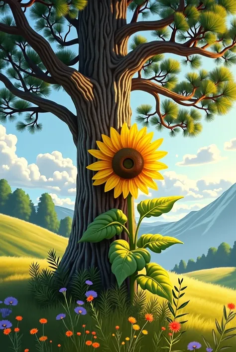 Please draw a sunflower and a pine tree